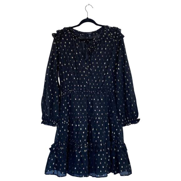 ANTHROPOLOGIE Current Air Ruffled Metallic Dot Mini Dress Black Gold Size Large - Picture 2 of 10